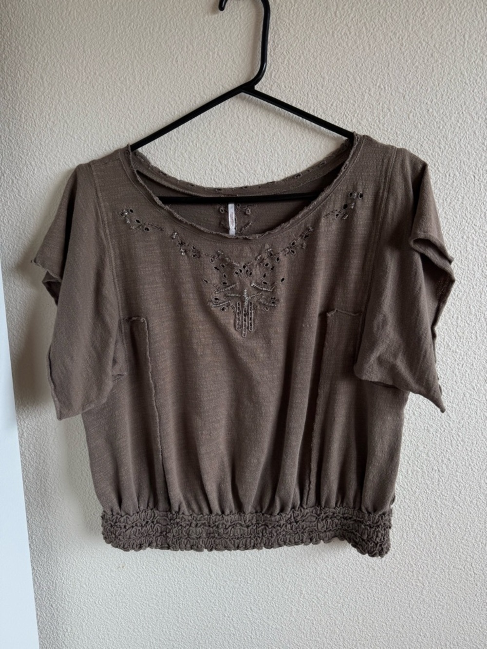 Free People Taupe Embellished Flutter Sleeve Blouse